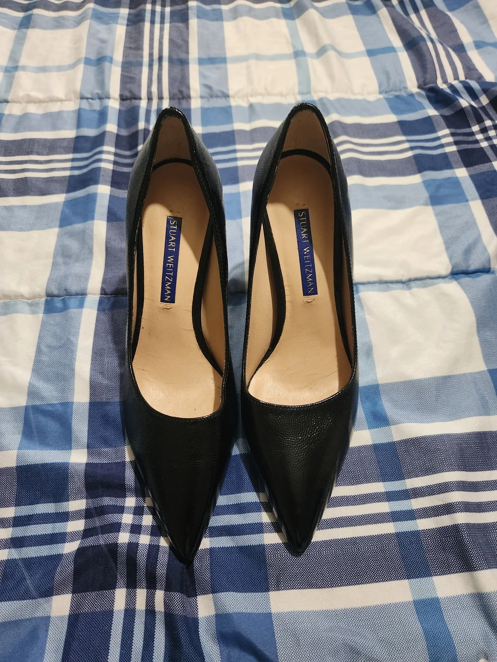 Stuart Weitzman Black Leather Pointed Toe Block Heel Pumps